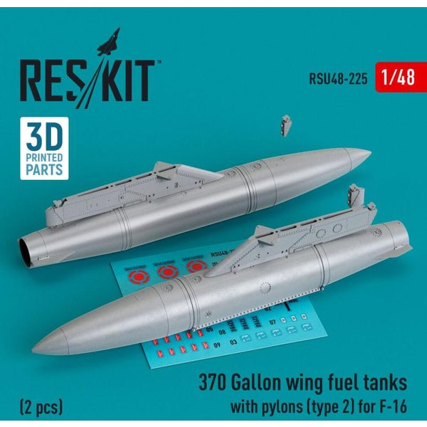 370 Gallon wing fuel tanks with pylons (type 2) for F-16 (A/B/C/D/E/F/I) (2 pcs) (3D Printed)