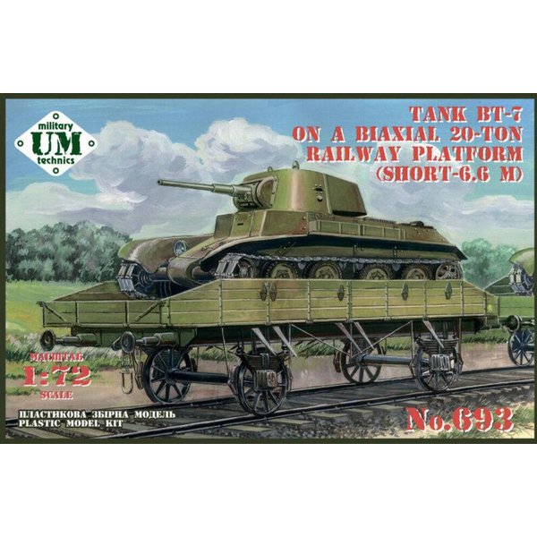 BT-7 tank on a biaxial 20-ton railway platform (short - 6.6m)
