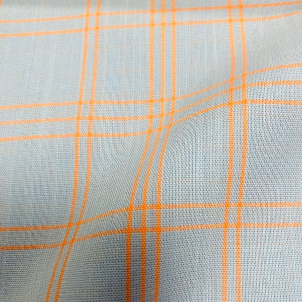 Tissu Coton Carreaux Tartan Bleu Ciel Et Orange Fluo - Mondial Tissus-image