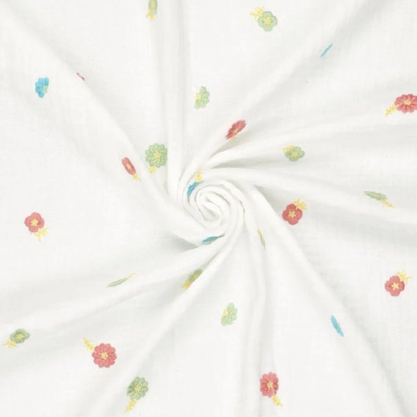 Tissu Double Gaze Blanche Broderie Fleurie Pastel - Mondial Tissus-image