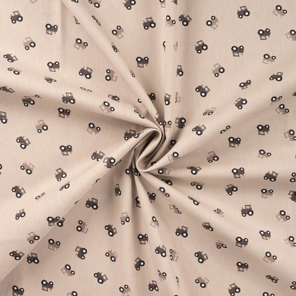 Tissu Popeline De Coton Imprimé Petit Tracteur Beige - Mondial Tissus-image