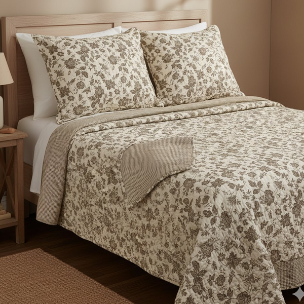 Boutis Fleurs Vichy Taupe 230 X 250 Cm + 2 Taies D'oreiller 65 X 65 Cm - Mt - Mondial Tissus-image