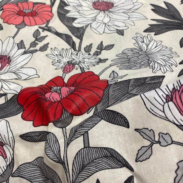 Tissu Cretonne Enduit Fleur Xxl éCru - Mondial Tissus-image