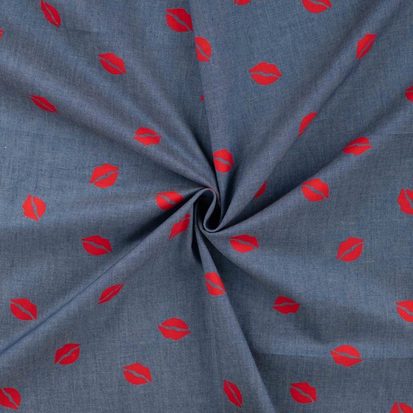 Tissu Chambray Imprimé Bisous Bleu - Mondial Tissus-image