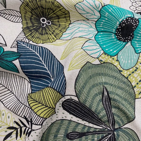 Tissu Bachette Linenlook Enduit Imprimé Belle Fleur Xxl Vert - Mondial Tissus-image
