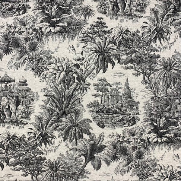 Toile De Jouy Lin Imp Tropical Noir - Mondial Tissus-image