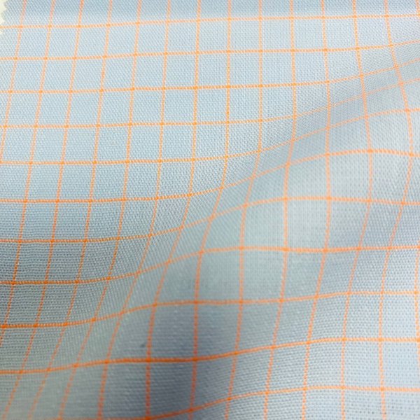 Tissu Coton Mini Carreaux Bleu Ciel Et Orange Fluo - Mondial Tissus-image