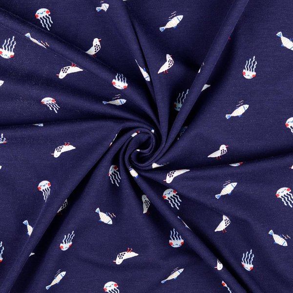 Maille Jersey Coton ImpriméE Monde Marin Bleu - Mondial Tissus-image