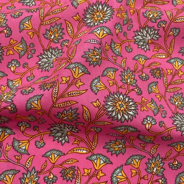 Tissu Cretonne Enduit Imprimé Fleurette Indienne Rose - Mondial Tissus-image