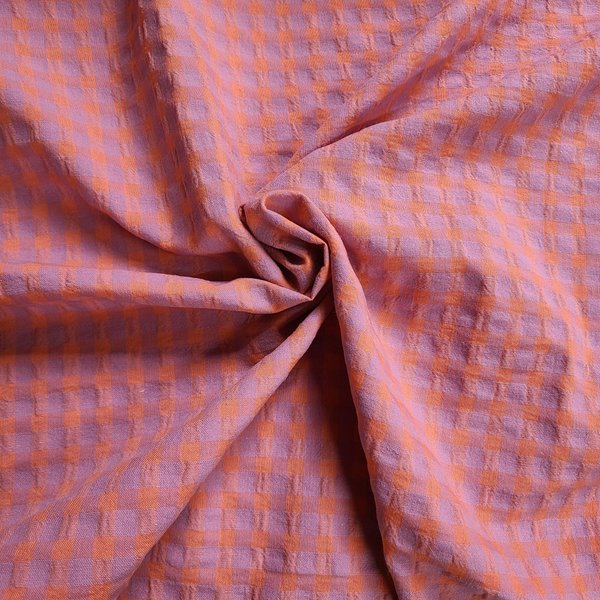 Tissu Seersucker Vichy Corail Et Lilas 7Mm Recyclé - Mondial Tissus-image
