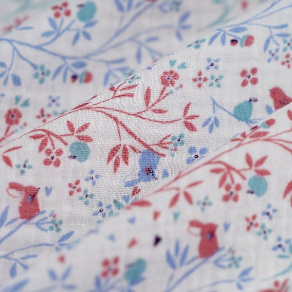 Tissu Double Gaze Lapin Oiseau Fruit Blanc - MT - Mondial Tissus-image