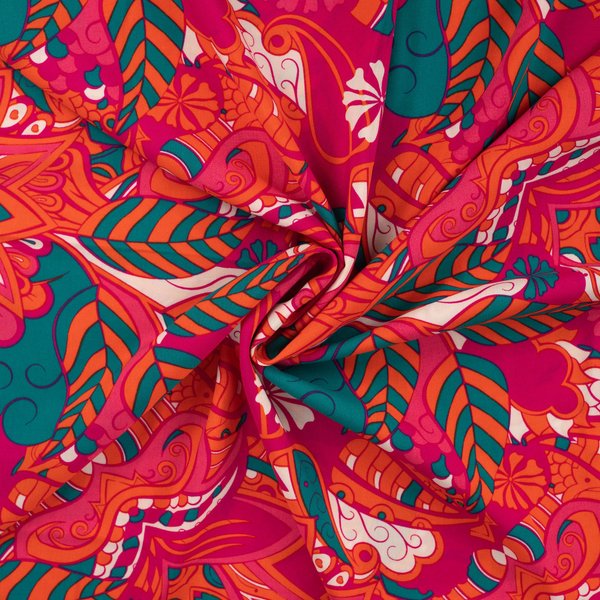 Tissu Viscose Chally Imprimé Feuillage Rose Fuchsia - Mondial Tissus-image