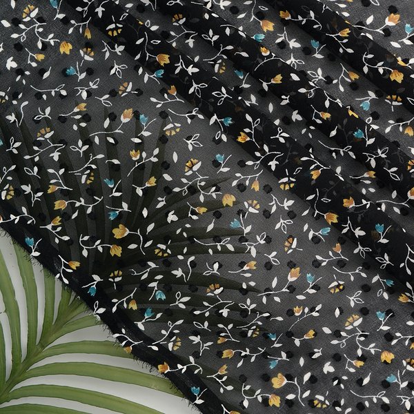 Tissu Voile Polyester Plumetis Imprimé Fleurs Noir - MT - Mondial Tissus-image