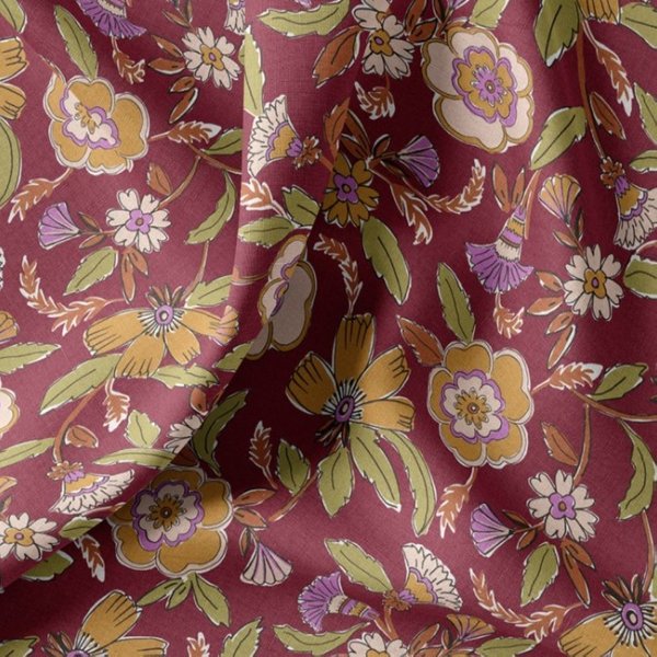 Tissu Coton Enduit Fleur Indienne Ocre Fond Bordeaux - Domotex - Mondial Tissus-image