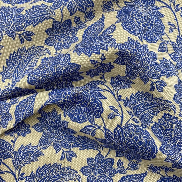 Tissu Bachette Linenlook Enduit Imprimé Grande Fleur Indienne Bleu - Mondial Tissus-image