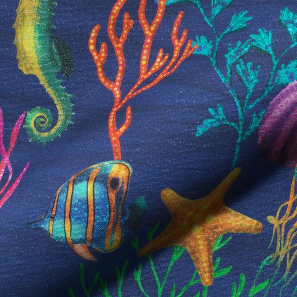 Toile Semi Panama Vie Sous Marine Bleu - Mondial Tissus-image