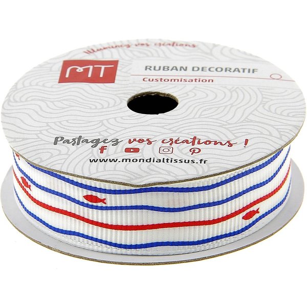 Bobine Ruban Gros Grain Poissons 16 Mm X 4 M Mt - Mt - Mondial Tissus-image