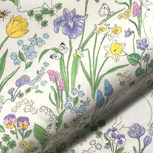 Toile Semi Panama Beige Floral ChampêTre Aquarellé Et Lapin - Mondial Tissus-image