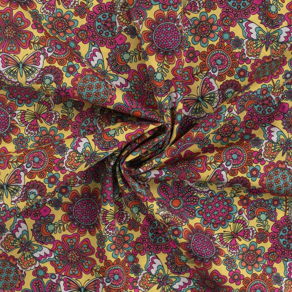 Tissu Voile Coton Imprimé Papillons Jaune - Mondial Tissus-image
