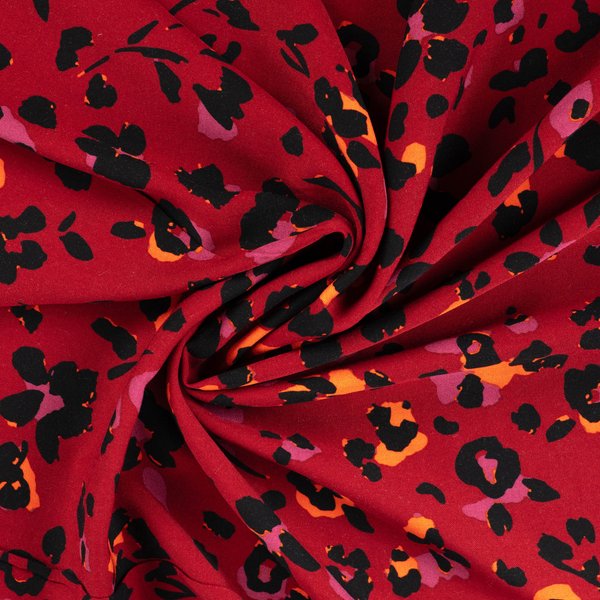 Tissu Twill Viscose Imprimé LéOpard Fleuri Rouge - Mondial Tissus-image