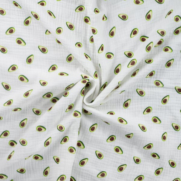 Tissu Double Gaze Imprimé Avocat Blanc - Mondial Tissus-image