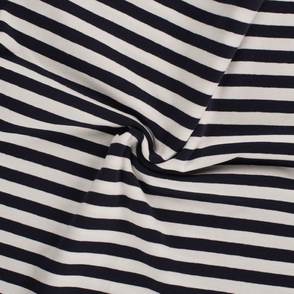 Maille Jersey Coton Rayure 1Cm éCru Et Bleu Marine - Mondial Tissus-image