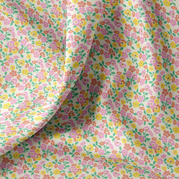 Tissu Cretonne Mini Fleurs Peps Rose Et Jaune éCru - Domotex - Mondial Tissus-image