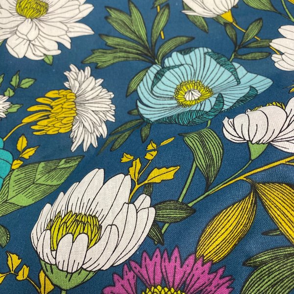 Tissu Cretonne Fleur Xxl Bleu - Mondial Tissus-image