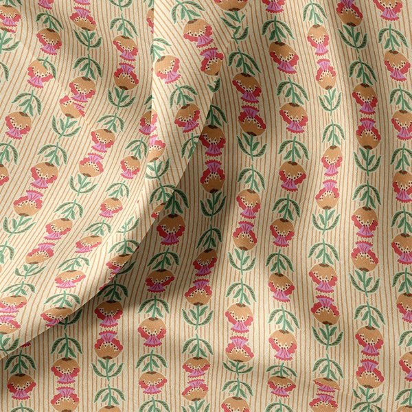 Tissu Cretonne Coton Enduit Lignes Florales Beige - Domotex - Mondial Tissus-image