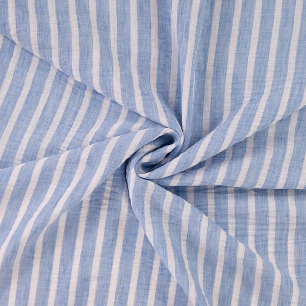 Tissu Toile Polyester Effet Lin Rayure Blanc Bleu - Mondial Tissus-image
