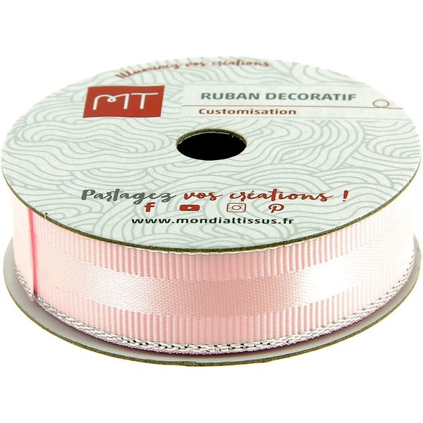 Bobine Ruban Gros Grain Rose LisièRe Argent 16 Mm X 4 M Mt - Mt - Mondial Tissus-image