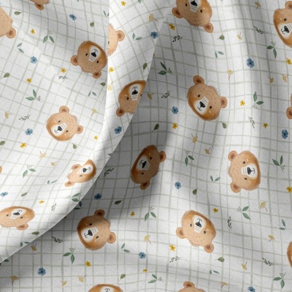 Tissu Cretonne Digital TêTe Nounours Fond Carreaux Vert éCru - Domotex - Mondial Tissus-image