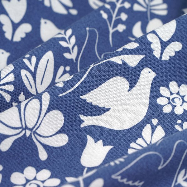 Tissu Jersey Coton Bio Oiseaux Fleurs Folk éCru Bleu - Mt - Mondial Tissus-image