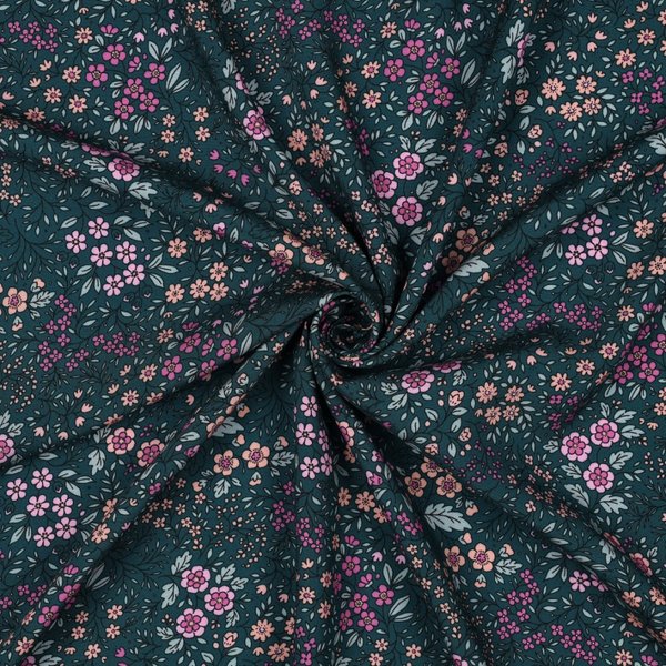 Tissu Popeline Viscose Ecovero Fleur Sertie Bleu Canard - Mondial Tissus-image