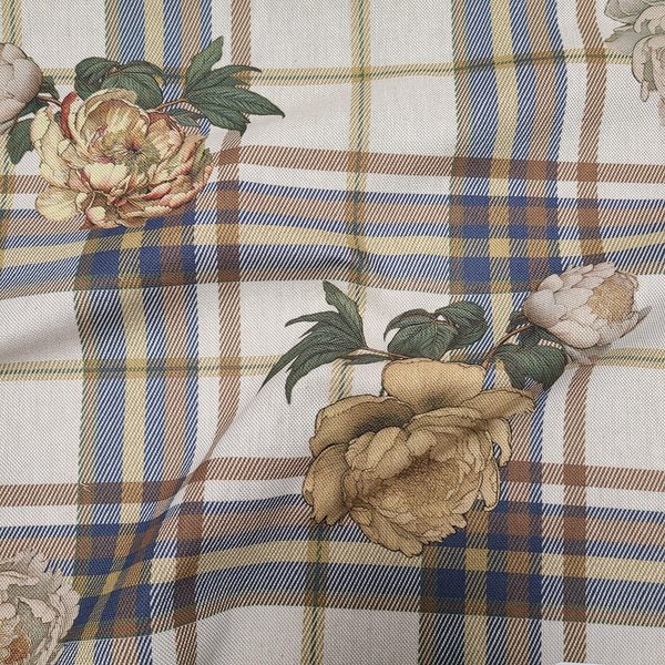 Toile Semi Panama Effet Tartan Bleu Et Fleurs Beige - Mondial Tissus-image