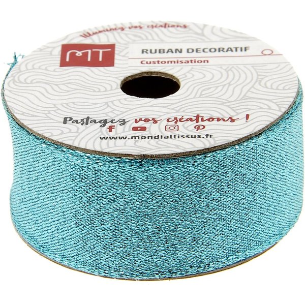 Bobine Ruban Brillant Bleu Turquoise 25 Mm - Mt - Mondial Tissus-image