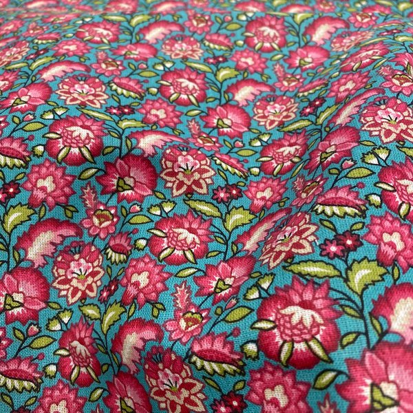 Tissu Cretonne Enduit Fleur Indienne Rose Bleu - Mondial Tissus-image