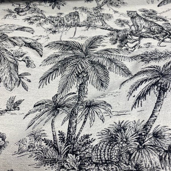 Tissu Jacquard Effet Toile De Jouy Jungle Blanc Et Noir - Mondial Tissus-image