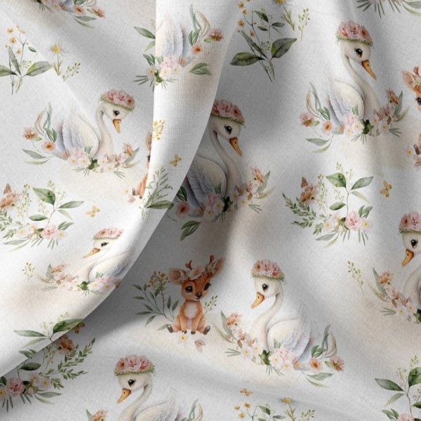 Tissu Cretonne Digital Blanc Cygnes Et Faons Fleuris - Domotex - Mondial Tissus-image