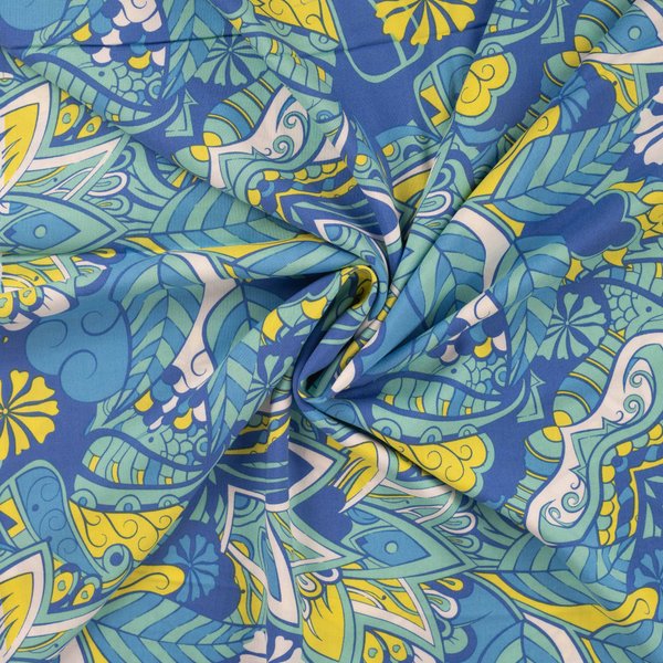 Tissu Viscose Chally Imprimé Feuillage Bleu - Mondial Tissus-image