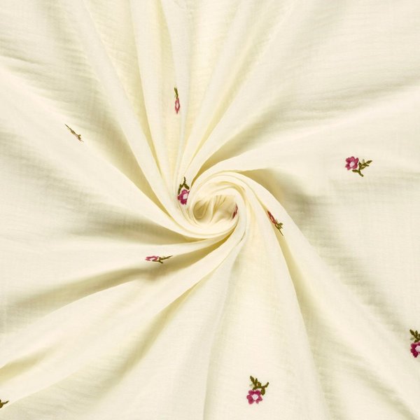 Tissu Double Gaze BrodéE Perse Rose éCru - Mondial Tissus-image