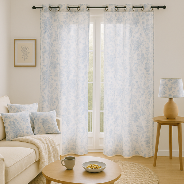 Voilage Toile De Jouy Bleu Troie 140X240Cm - Mt - Mondial Tissus-image