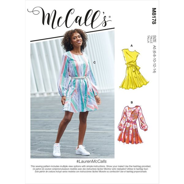 Patron Mccall's 8178F5 - Robe Courte éLastiquéE à La Taille Avec Ceinture Du 44 Au 52 - Mccall's - Mondial Tissus-image