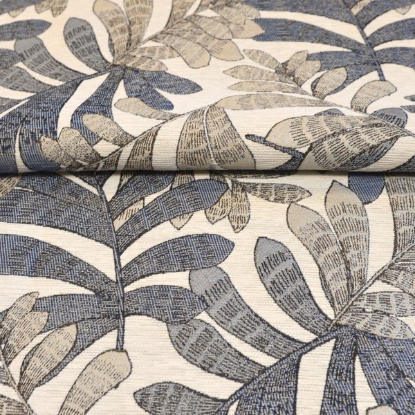 Tissu Jacquard Motif Feuillage Bleu - Mondial Tissus-image