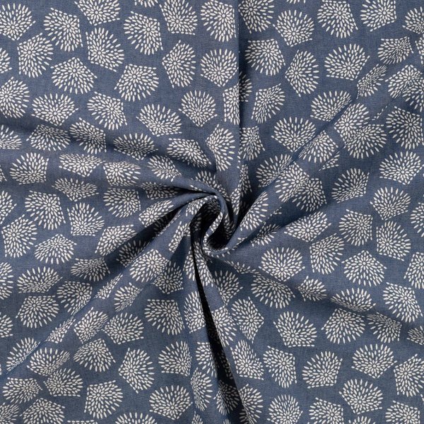 Tissu Chambray Imprimé Feuilles Bleu - Mondial Tissus-image