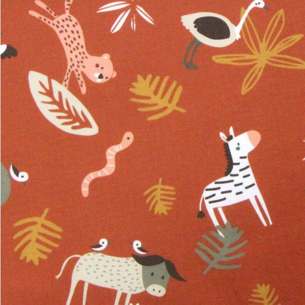 Tissu Cretonne De Coton Terracotta à Motifs Animaux Savane - Domotex - Mondial Tissus-image