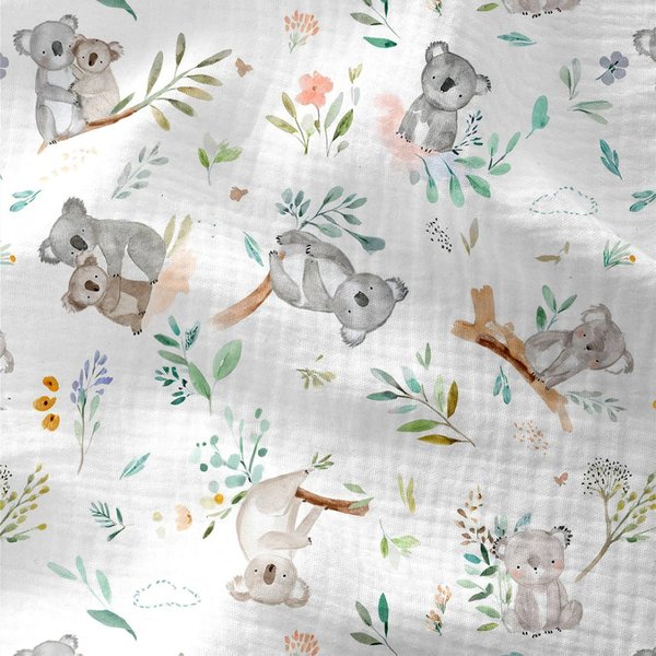 Tissu Double Gaze Imprimé Digital Koala Et Branchages Blanc - Domotex - Mondial Tissus-image