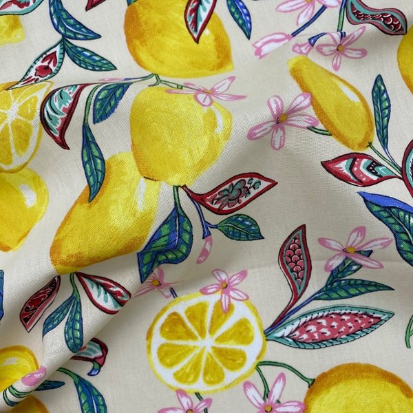 Tissu Cretonne Enduit Imprimé Citronnier éCru - Mondial Tissus-image