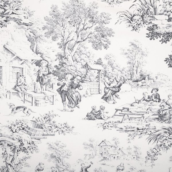 Tissu Coton Imprimé Toile De Jouy Festin Gris - Mondial Tissus-image