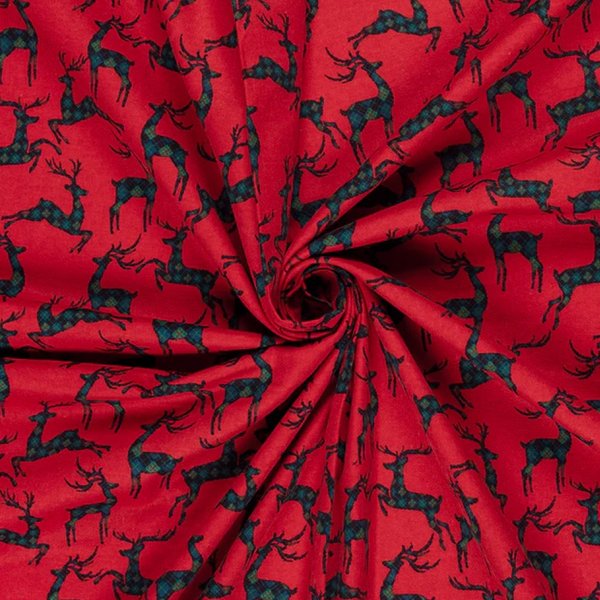 Tissu Flanelle NoëL Cerf Bleu Rouge - Mondial Tissus-image